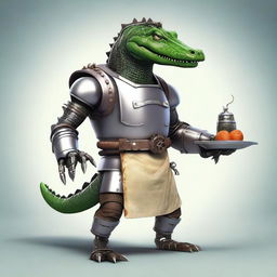 Create an image of a character that is half medieval robot and half alligator, who is a cook