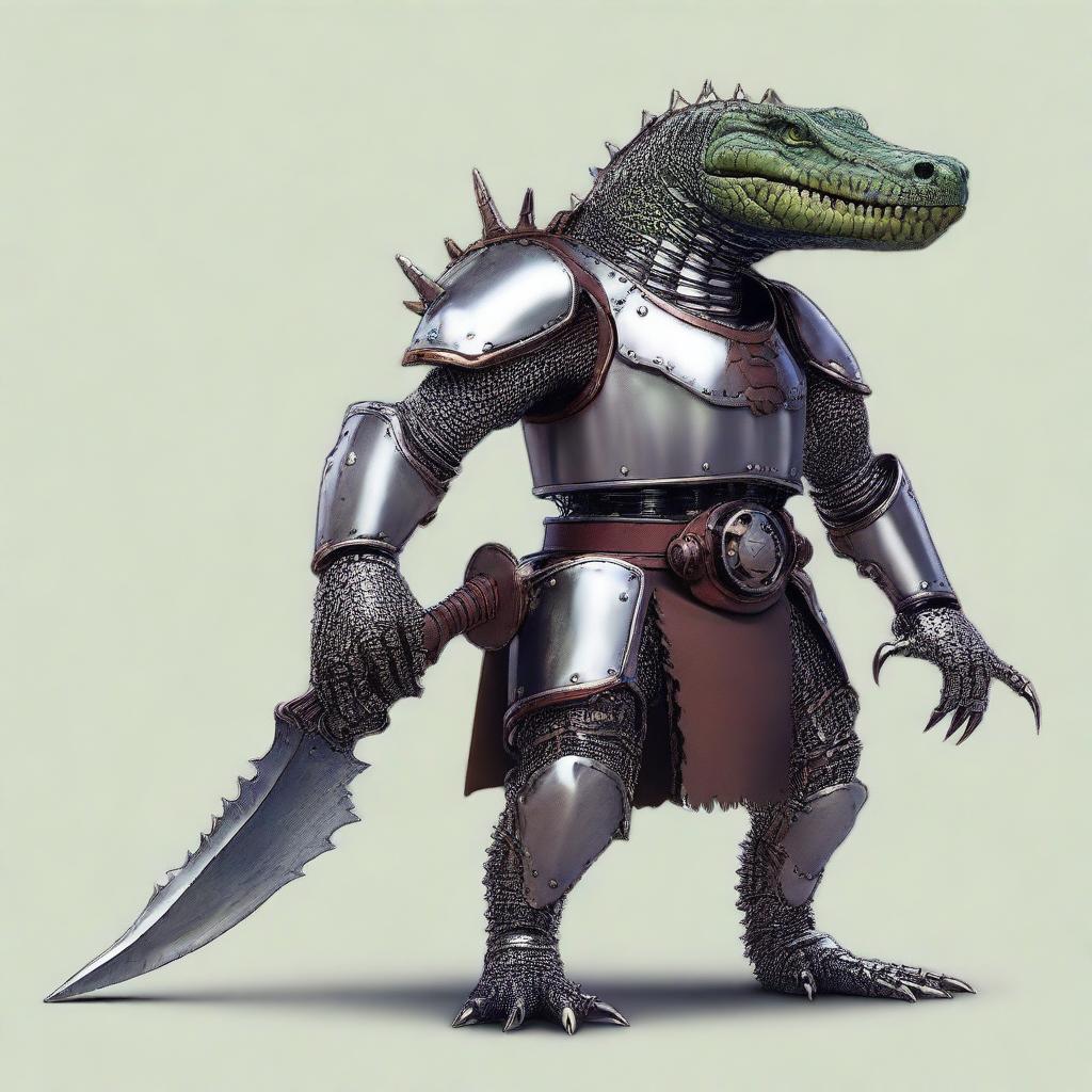 Create an image of a character that is half medieval robot and half alligator