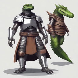 Create an image of a character that is half medieval robot and half alligator