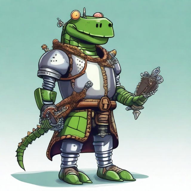 Create a fun and whimsical image of a character that is half medieval robot and half alligator