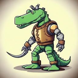 Create a fun and whimsical image of a character that is half medieval robot and half alligator