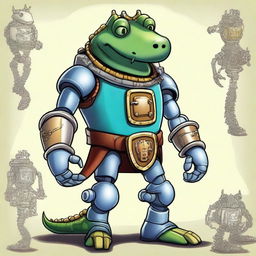 Create a fun and whimsical image of a character that is half medieval robot and half alligator