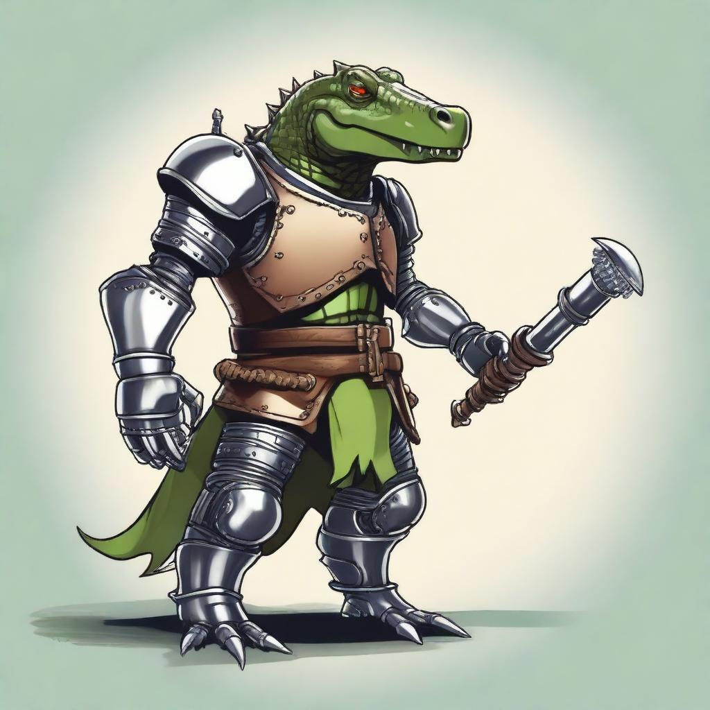 Create an image of a character that is half medieval robot and half alligator with a less serious and more whimsical, realistic style