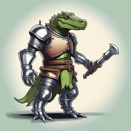 Create an image of a character that is half medieval robot and half alligator with a less serious and more whimsical, realistic style