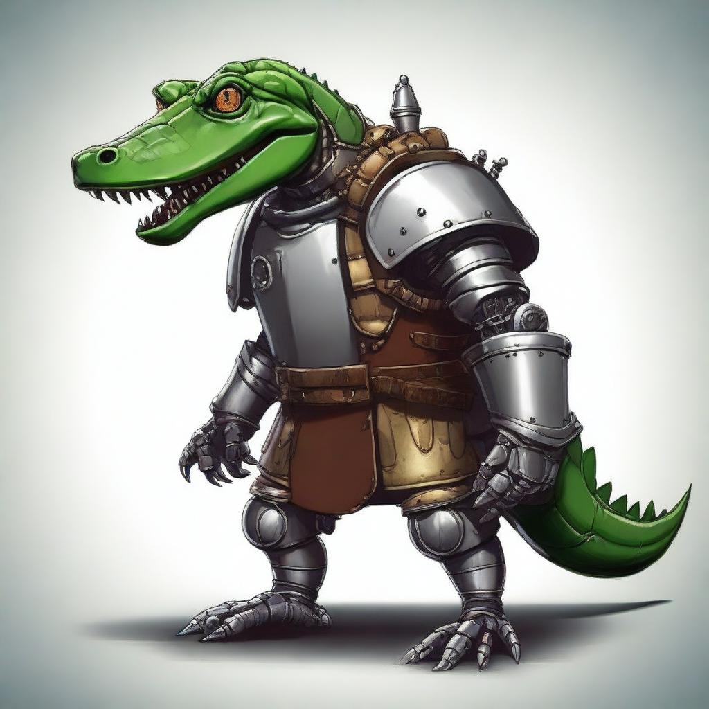 Create an image of a character that is half medieval robot and half alligator with a less serious and more whimsical, realistic style