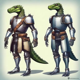 Create an image of a character that is half medieval robot and half alligator with a less serious and more whimsical, realistic style