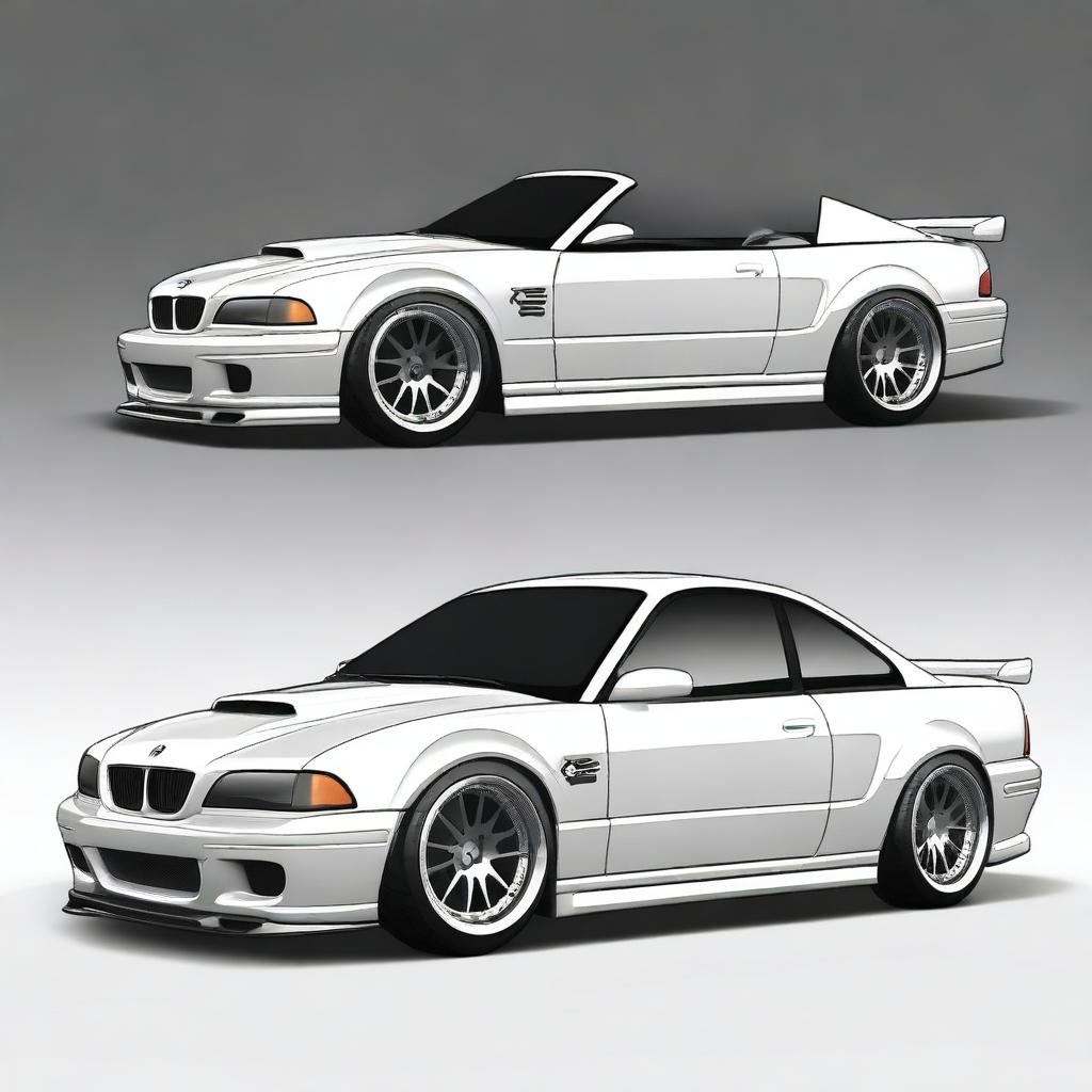 A detailed rendering of a Fox Body Mustang merged with design elements of an E46 M3