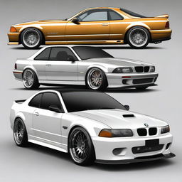 A detailed rendering of a Fox Body Mustang merged with design elements of an E46 M3