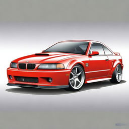 A detailed rendering of a Fox Body Mustang merged with design elements of an E46 M3