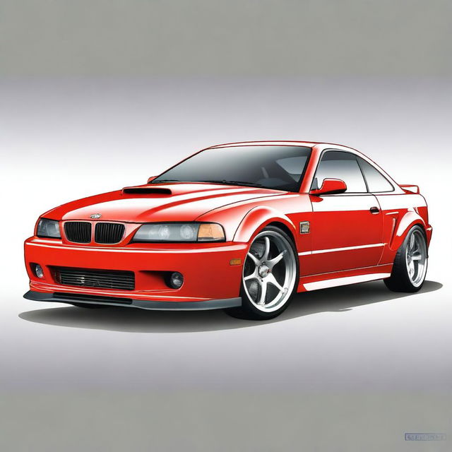 A detailed rendering of a Fox Body Mustang merged with design elements of an E46 M3