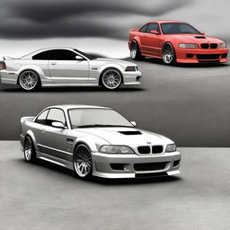 A detailed rendering of a Fox Body Mustang merged with design elements of an E46 M3