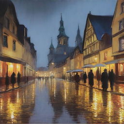 A neo-impressionist painting of a rainy night overlooking a sleepy German town