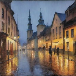 A neo-impressionist painting of a rainy night overlooking a sleepy German town