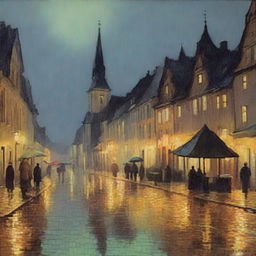 A neo-impressionist painting of a rainy night overlooking a sleepy German town