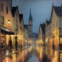 A neo-impressionist painting of a rainy night overlooking a sleepy German town