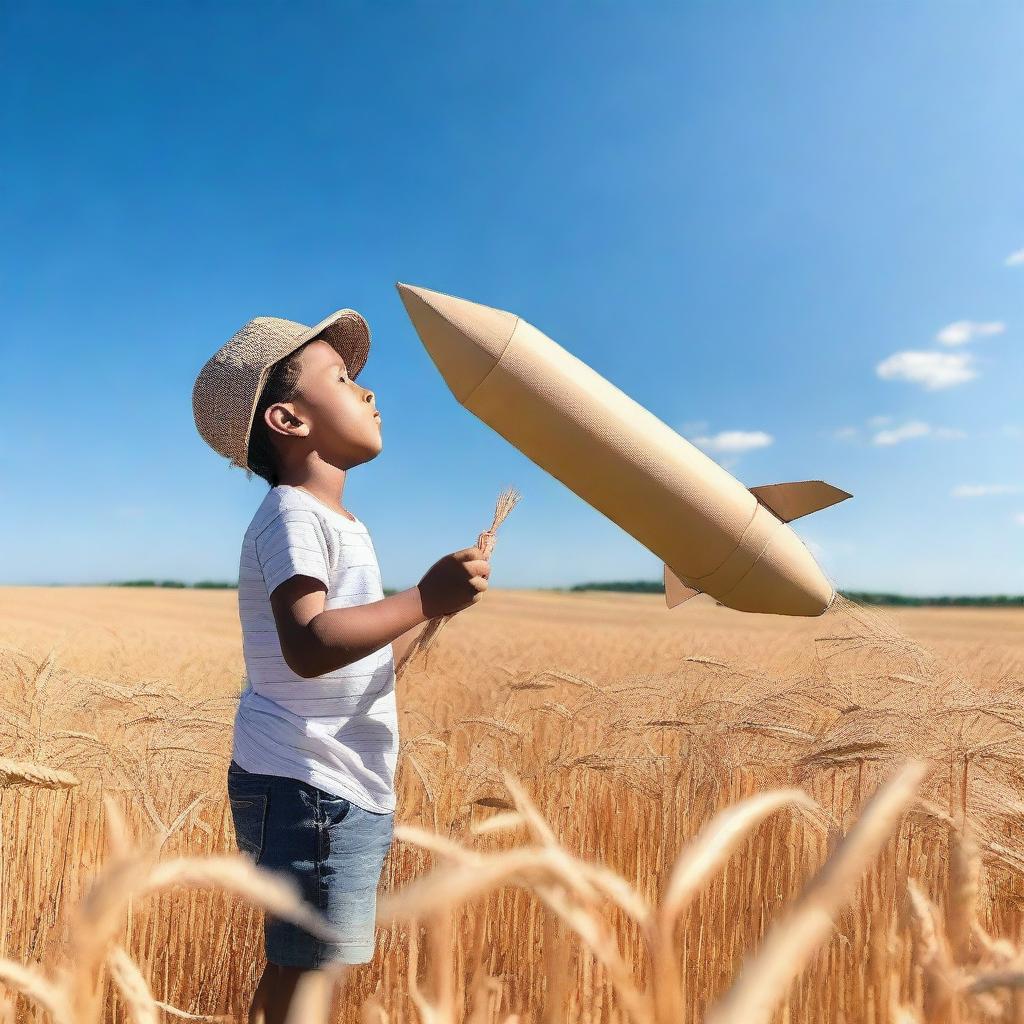 A photograph of a child in a wheat field, looking at a cardboard rocket he created on the ground