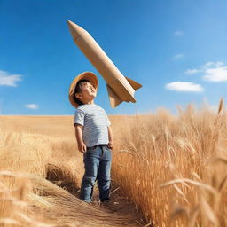 A photograph of a child in a wheat field, looking at a cardboard rocket he created on the ground