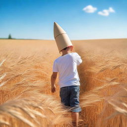 A photograph of a child in a wheat field, looking at a cardboard rocket he created on the ground