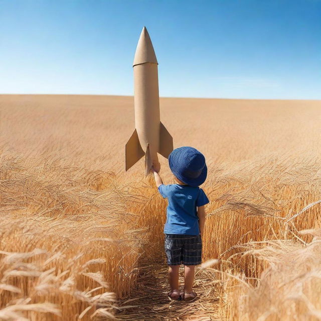 A photograph of a child in a wheat field, looking at a cardboard rocket he created on the ground