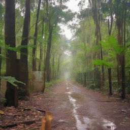 A dirt road in a jungle, with a metal, rusting fence at the center