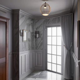 A hallway featuring grey marble tiles, walls painted in fuscous grey, a TV unit with a wooden door on the same wall, elegant curtains adorning a wooden window, two ceiling fans with lights, a solitary wall frame and clock, and a corner lamp.