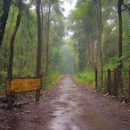 A dirt road in a jungle, with a metal, rusting fence at the center