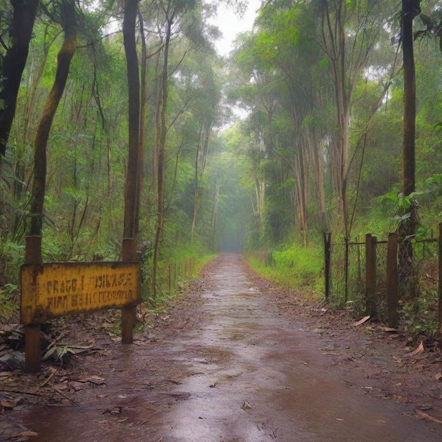 A dirt road in a jungle, with a metal, rusting fence at the center