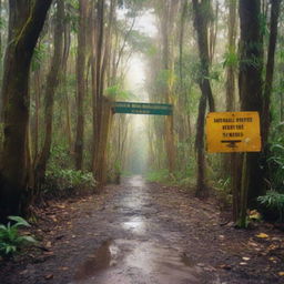 A dirt road in a jungle, with a metal, rusting fence at the center