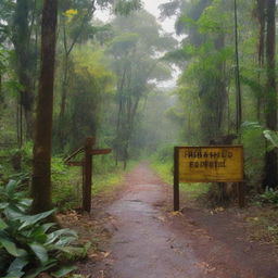 A dirt road in a jungle, with a metal, rusting fence at the center