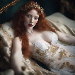 A full body image of a freckled, curly redhead fantasy priestess with full lips, wearing gold and white lingerie, laying down