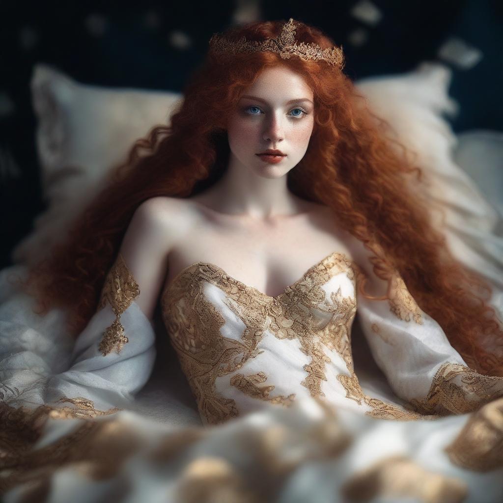 A full body image of a freckled, curly redhead fantasy priestess with full lips, wearing a revealing gold and white gown, laying down