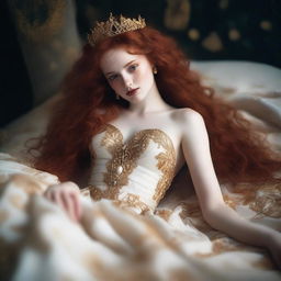 A full body image of a freckled, curly redhead fantasy priestess with full lips, wearing a revealing gold and white gown, laying down