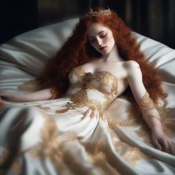 A full body image of a freckled, curly redhead fantasy priestess with full lips, wearing a revealing gold and white gown, laying down