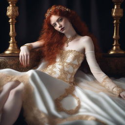 A full body image of a freckled, curly redhead fantasy priestess with full lips, wearing a revealing gold and white gown, laying down