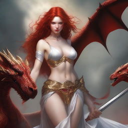 A full body image of a freckled, curly redhead fantasy priestess with full lips, wearing revealing gold and white lingerie, engaged in battle with a red dragon