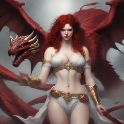 A full body image of a freckled, curly redhead fantasy priestess with full lips, wearing revealing gold and white lingerie, engaged in battle with a red dragon