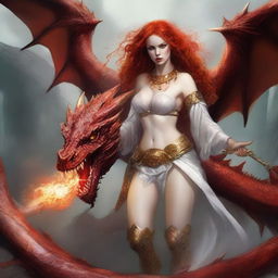 A full body image of a freckled, curly redhead fantasy priestess with full lips, wearing revealing gold and white lingerie, engaged in battle with a red dragon