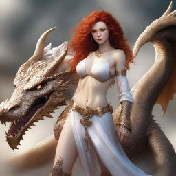 A full body image of a freckled, curly redhead fantasy priestess with full lips, wearing revealing gold and white lingerie, engaged in battle with a platinum dragon