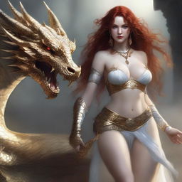 A full body image of a freckled, curly redhead fantasy priestess with full lips, wearing revealing gold and white lingerie, engaged in battle with a platinum dragon