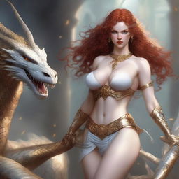 A full body image of a freckled, curly redhead fantasy priestess with full lips, wearing revealing gold and white lingerie, engaged in battle with a platinum dragon