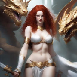 A full body image of a freckled, curly redhead fantasy priestess with full lips, wearing revealing gold and white lingerie, engaged in battle with a platinum dragon