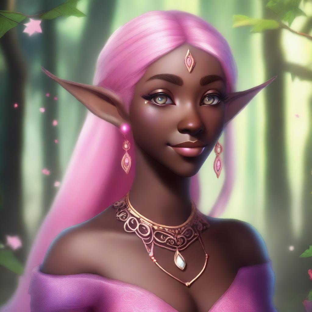 A dark-skinned human with pink hair, depicted as an elf