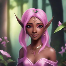 A dark-skinned human with pink hair, depicted as an elf