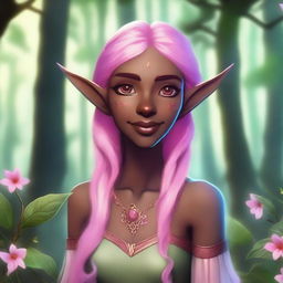 A dark-skinned human with pink hair, depicted as an elf