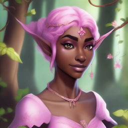 A dark-skinned human with pink hair, depicted as an elf