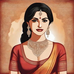 A detailed illustration of a beautiful Indian bhabhi with traditional attire, showcasing her grace and elegance