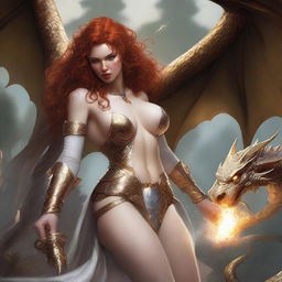 A full body image of a freckled, curly redhead fantasy priestess with full lips, wearing a revealing gold and white thong, engaged in battle with a platinum dragon