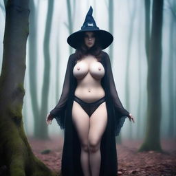 A cute and busty witch in a misty forest, portrayed in a POV portrait