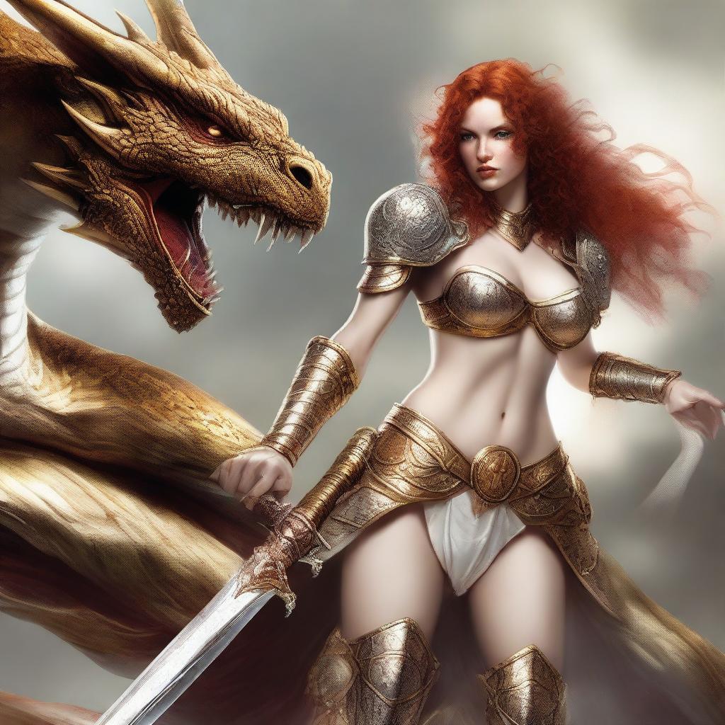 A full body image of a freckled, curly redhead fantasy priestess with full lips, wearing gold and white bikini armor, engaged in battle with a platinum dragon