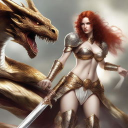 A full body image of a freckled, curly redhead fantasy priestess with full lips, wearing gold and white bikini armor, engaged in battle with a platinum dragon